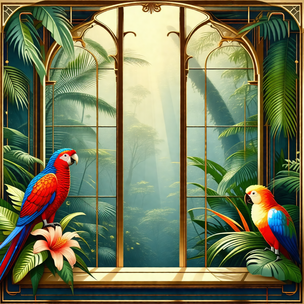 Two colorful parrots perched on a branch in front of a wi...