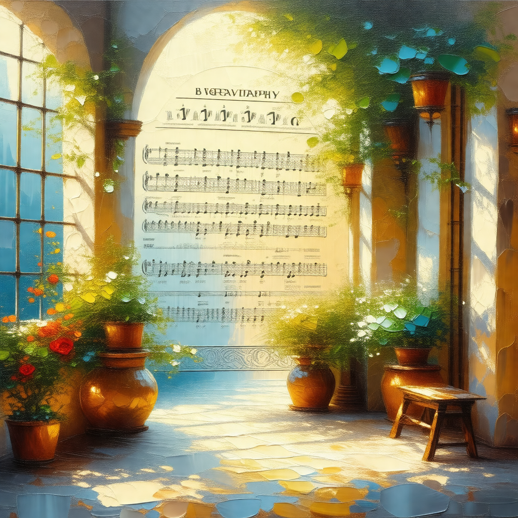 Room with a piano in the center, surrounded by several po...