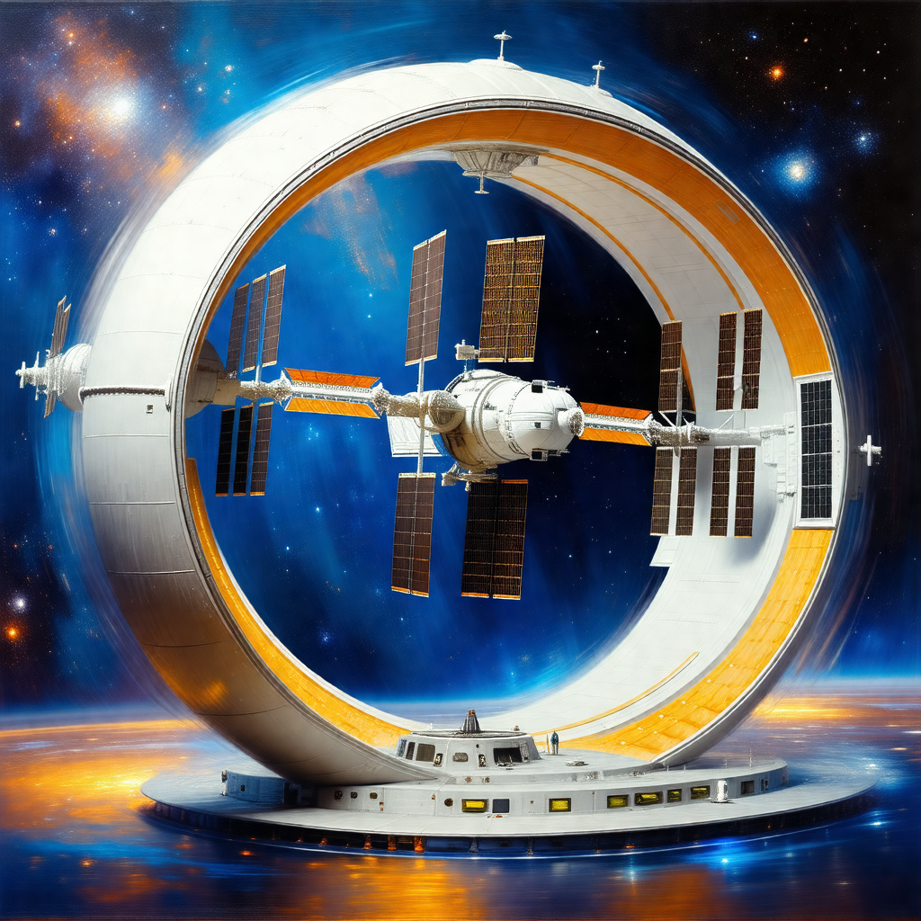 Large white space station with a dome-shaped structure