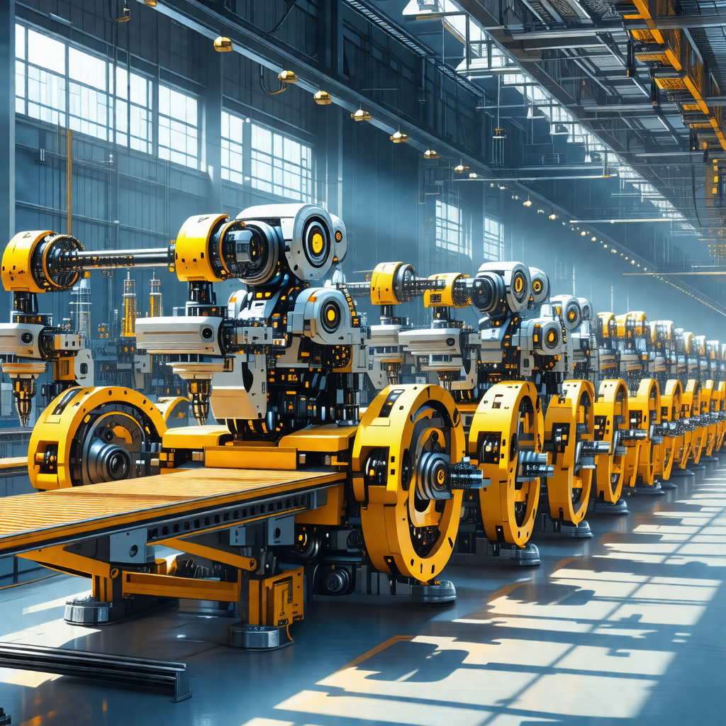 Factory floor with a large number of machines lined up in...