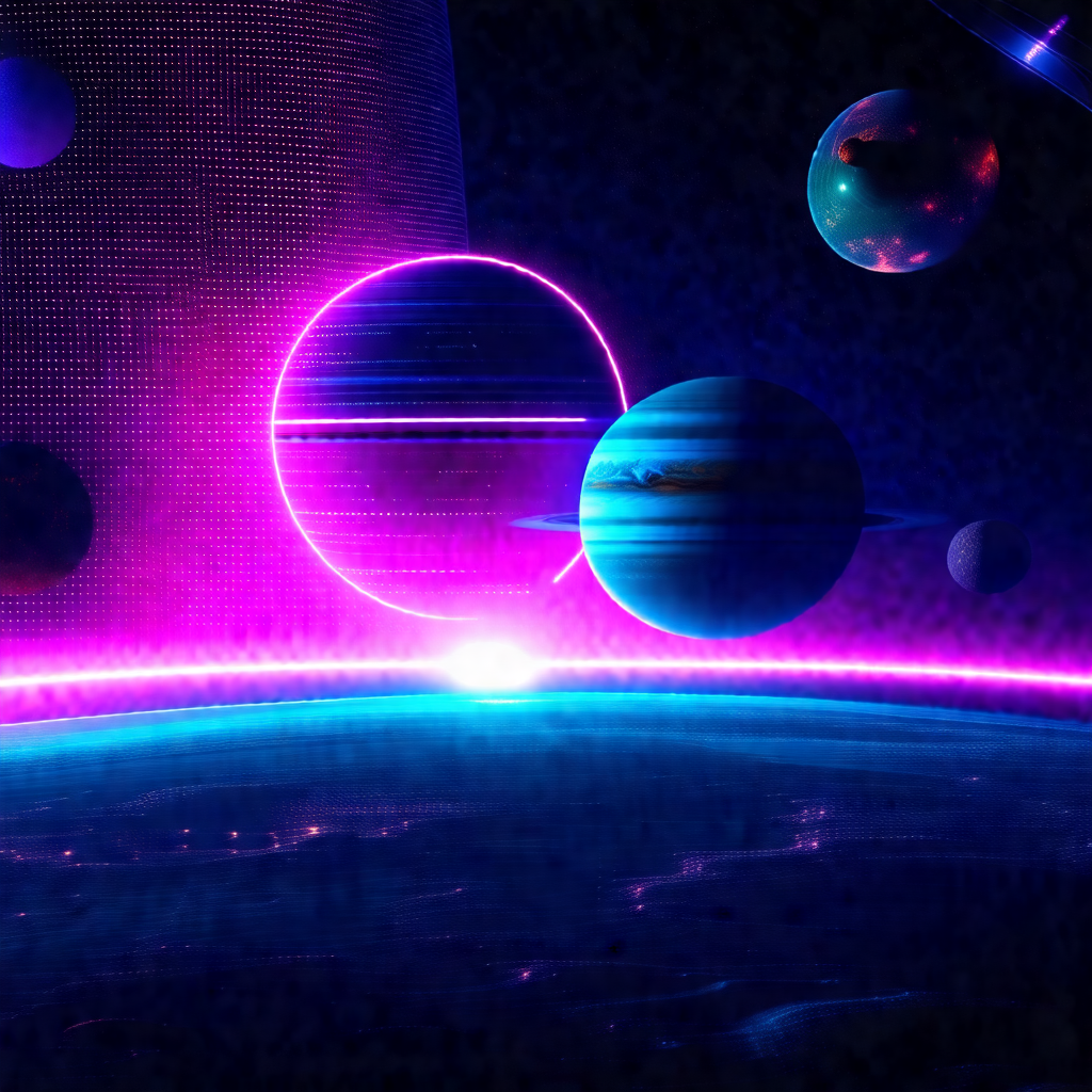 Futuristic scene with a purple background and a blue planet