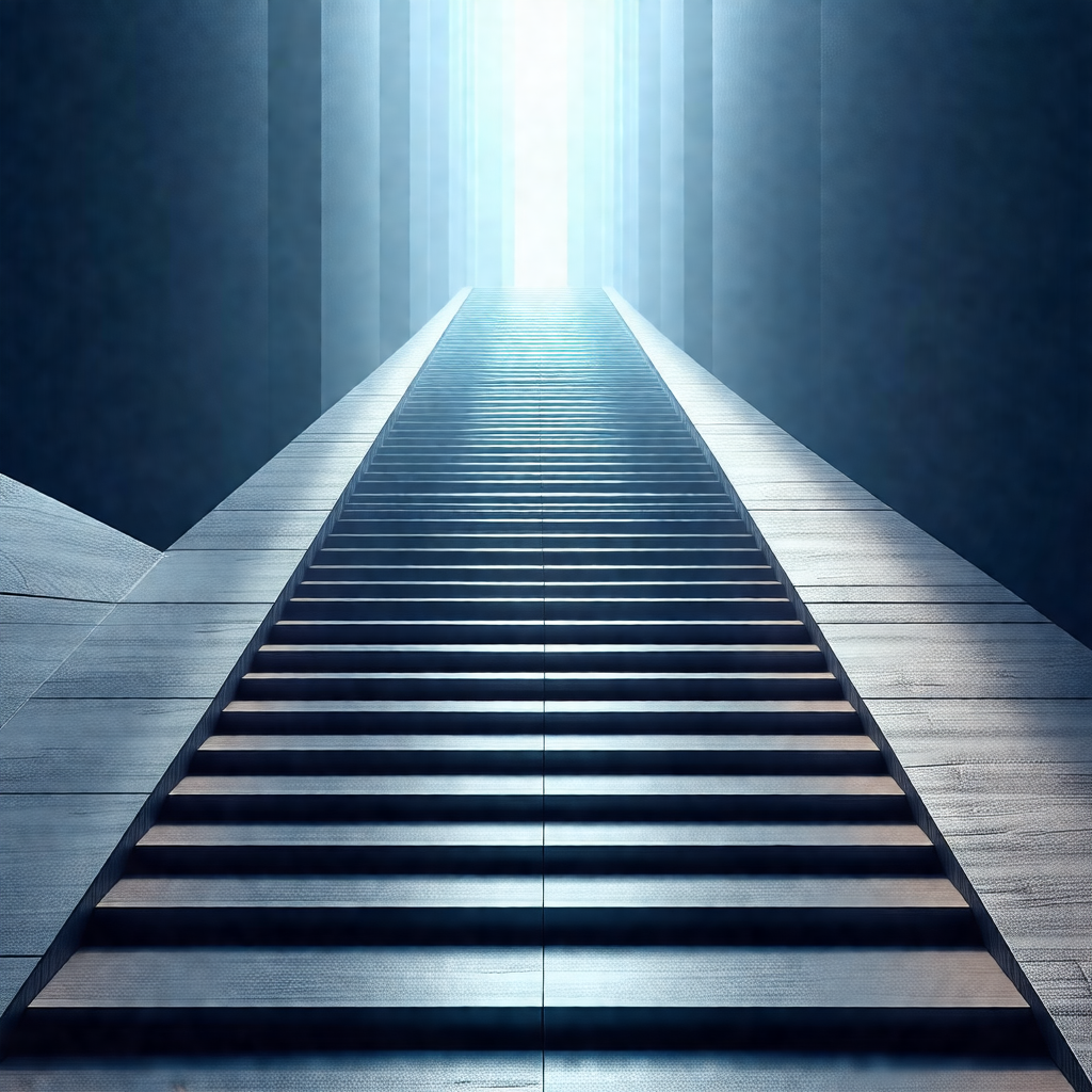 Long, narrow staircase that leads to a bright, open space