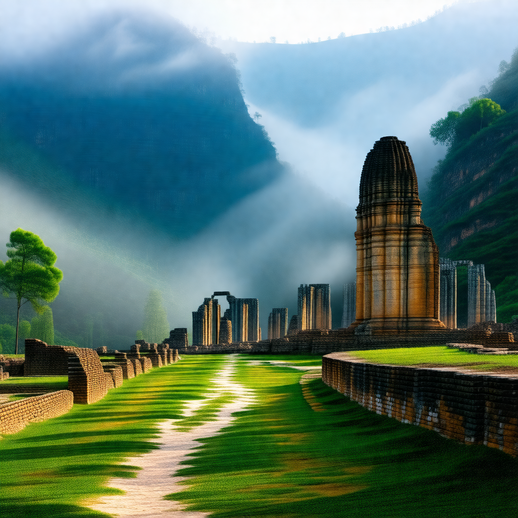 Large, ancient stone structure situated in a lush green v...
