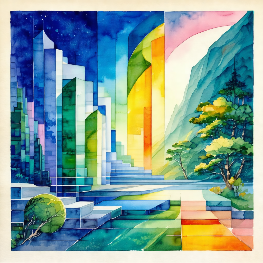 Colorful painting of a cityscape with a large building in...
