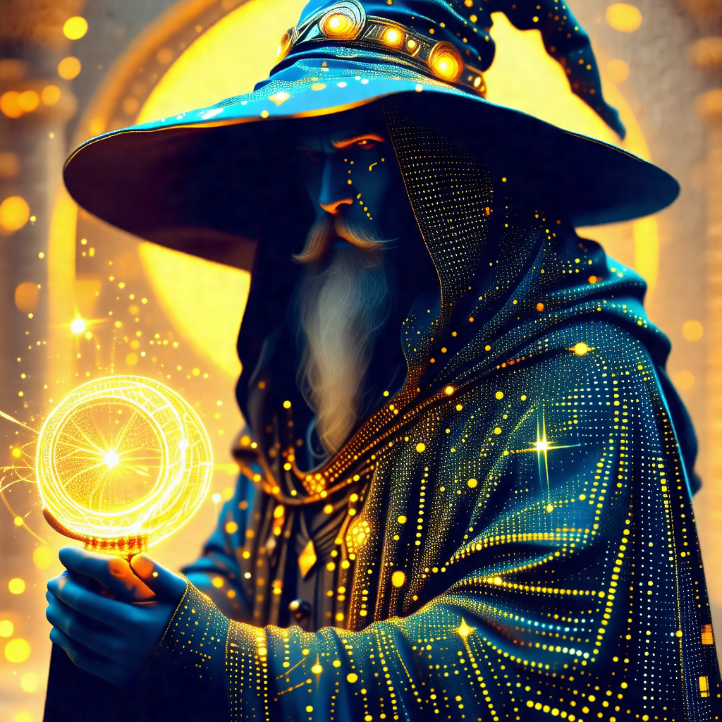 Wizard dressed in a long black robe, holding a glowing ba...