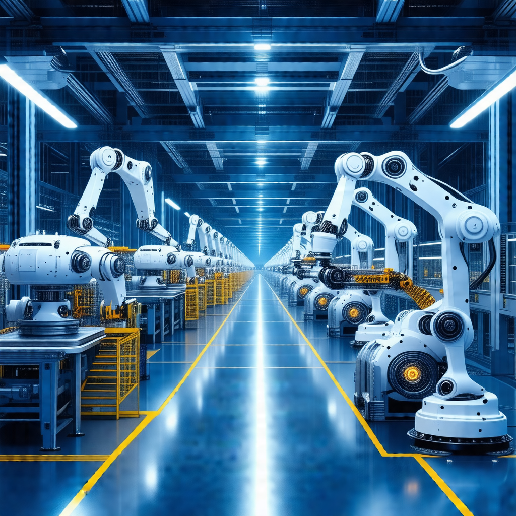Factory with a long row of white robots lined up on a con...