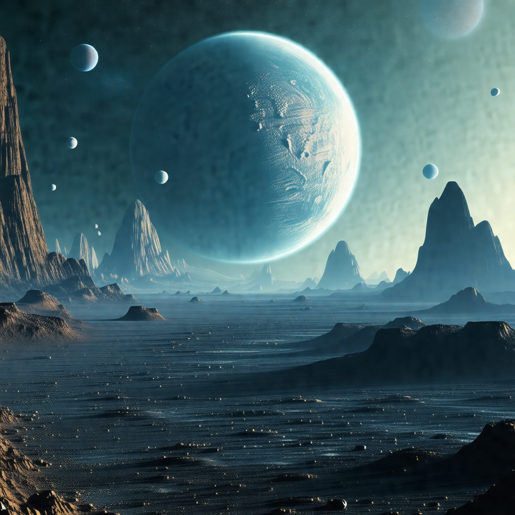 Futuristic scene with a large, blue, glass-like structure...