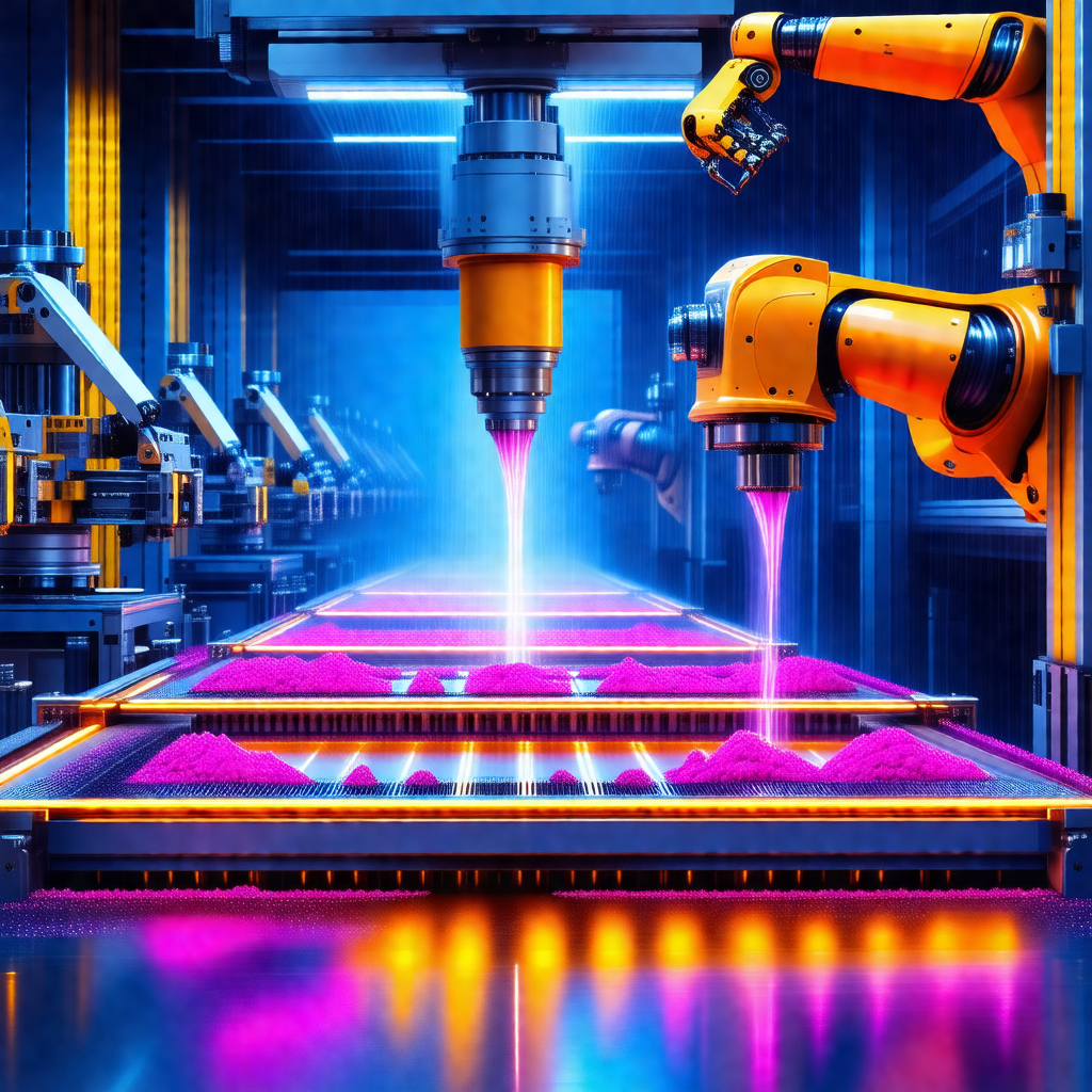 Factory setting with a conveyor belt carrying a long line...