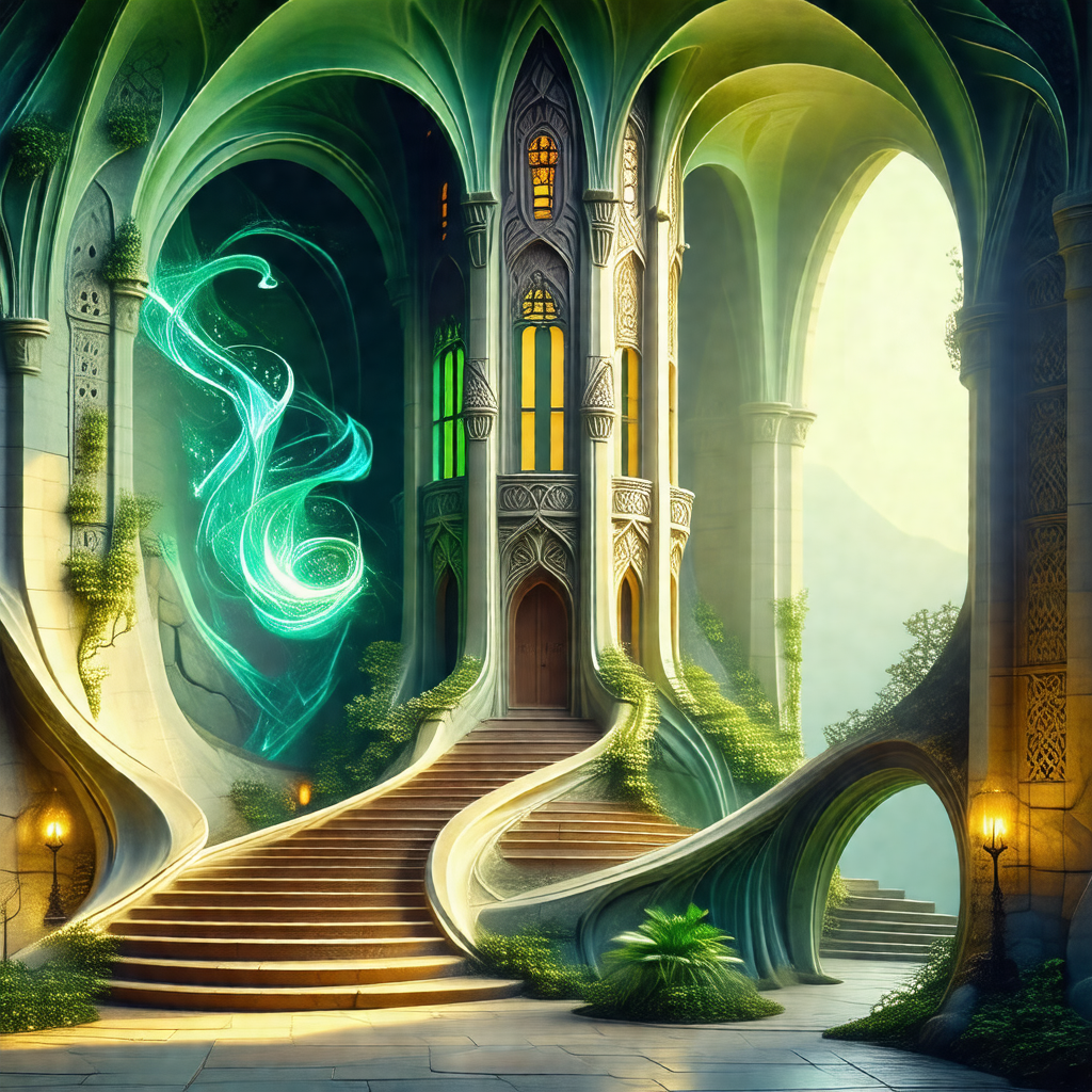 Digital painting of a fantasy castle with a winding stair...