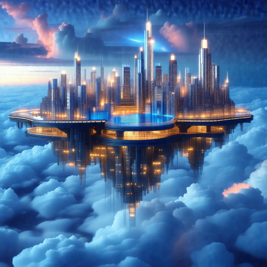 Futuristic cityscape with a large, illuminated building f...