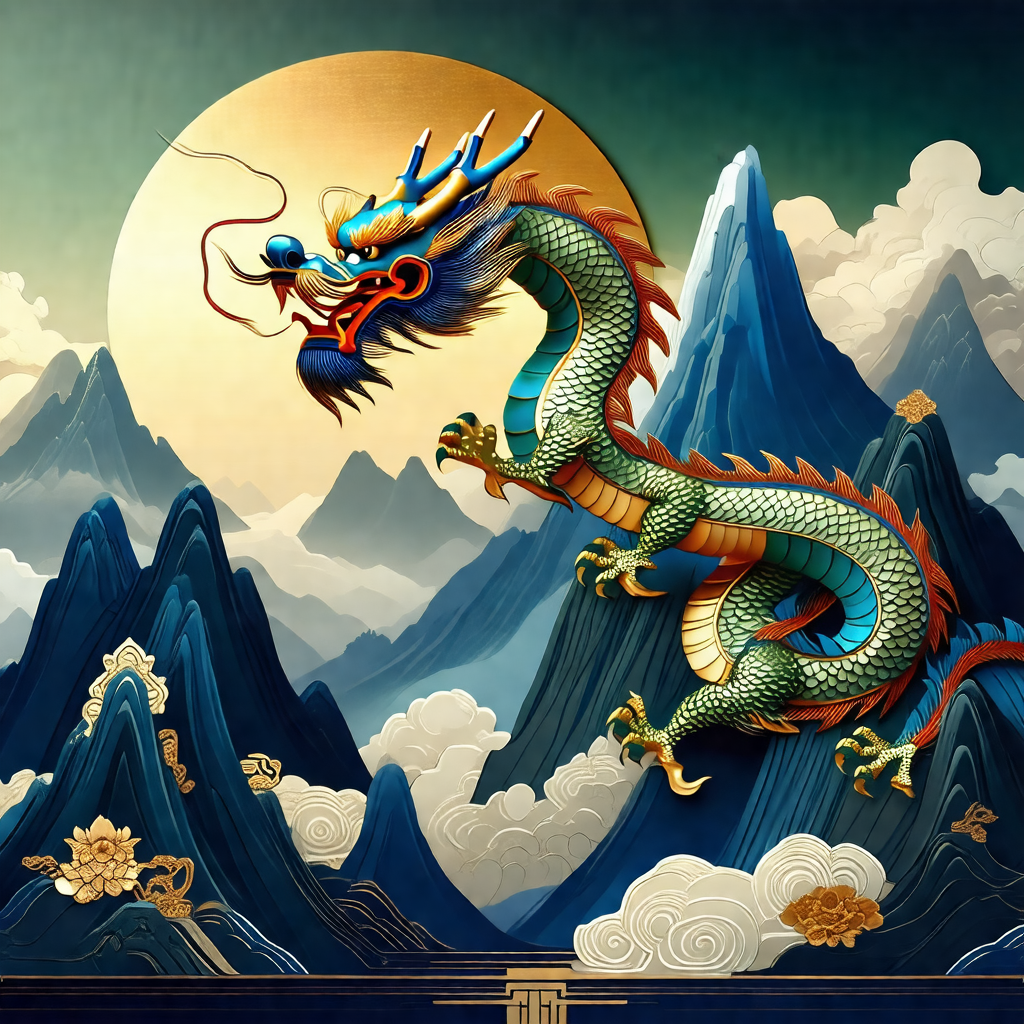Large, colorful dragon with a blue and gold body, perched...