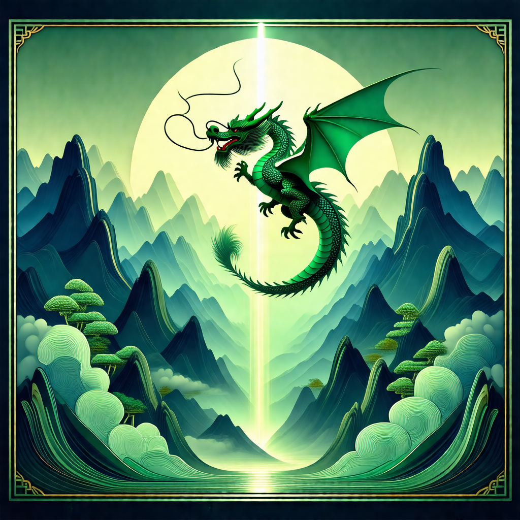 Dragon flying through the sky, with its head down and mou...