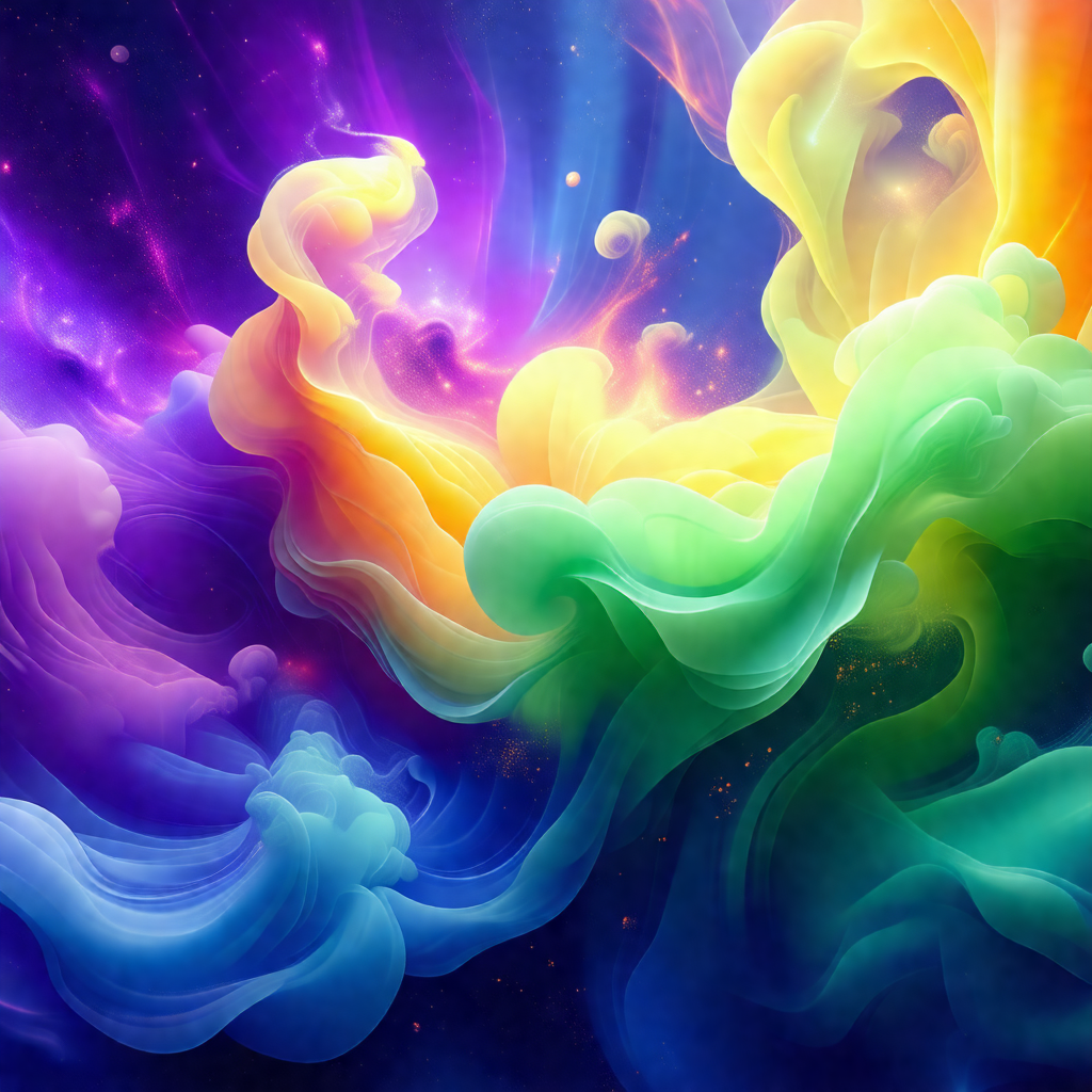 Colorful and abstract painting of a swirling, flowing mas...