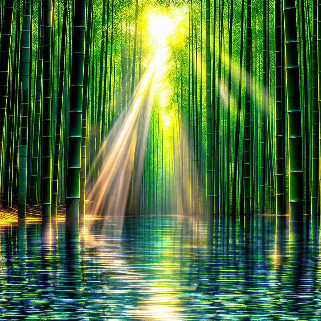 Serene scene of a river surrounded by a forest of bamboo ...