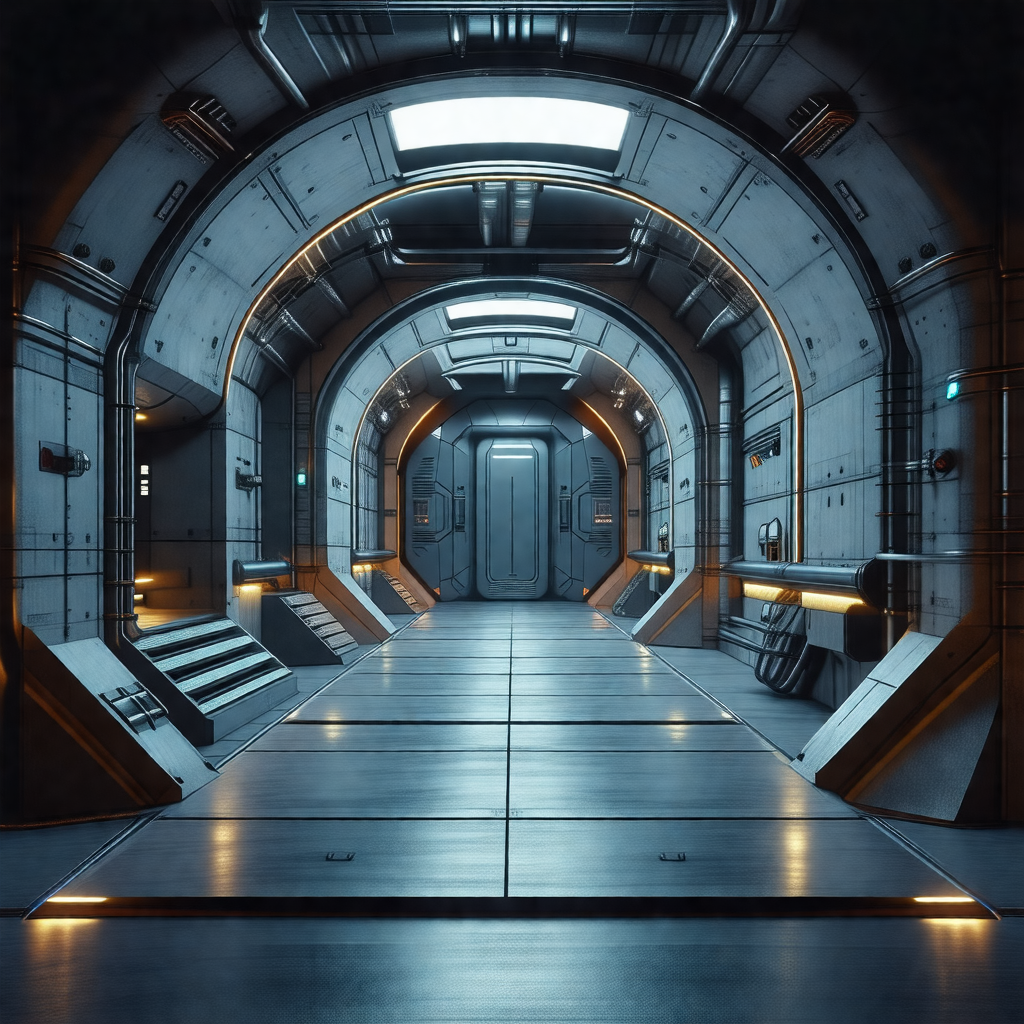 Futuristic space station with a long, narrow hallway
