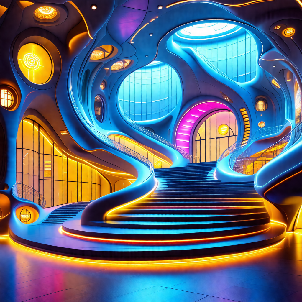 Large, futuristic building with a staircase leading to th...