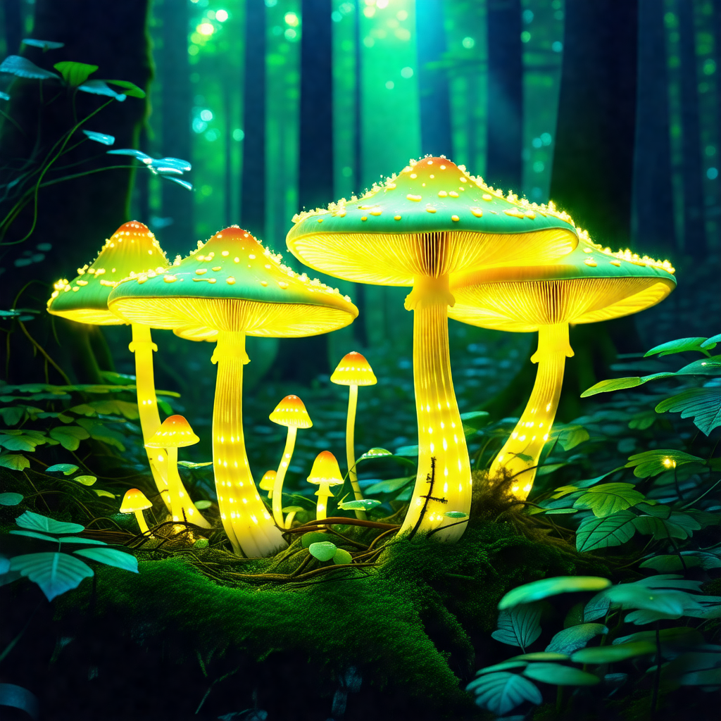 Group of four glowing mushrooms in a forest setting