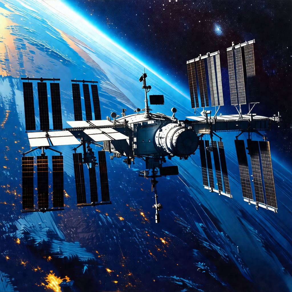 Space shuttle with a large satellite on top of it, flying...