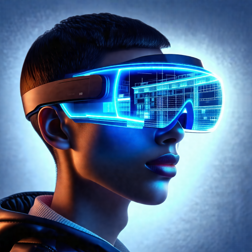 Person wearing a pair of futuristic blue goggles, giving ...
