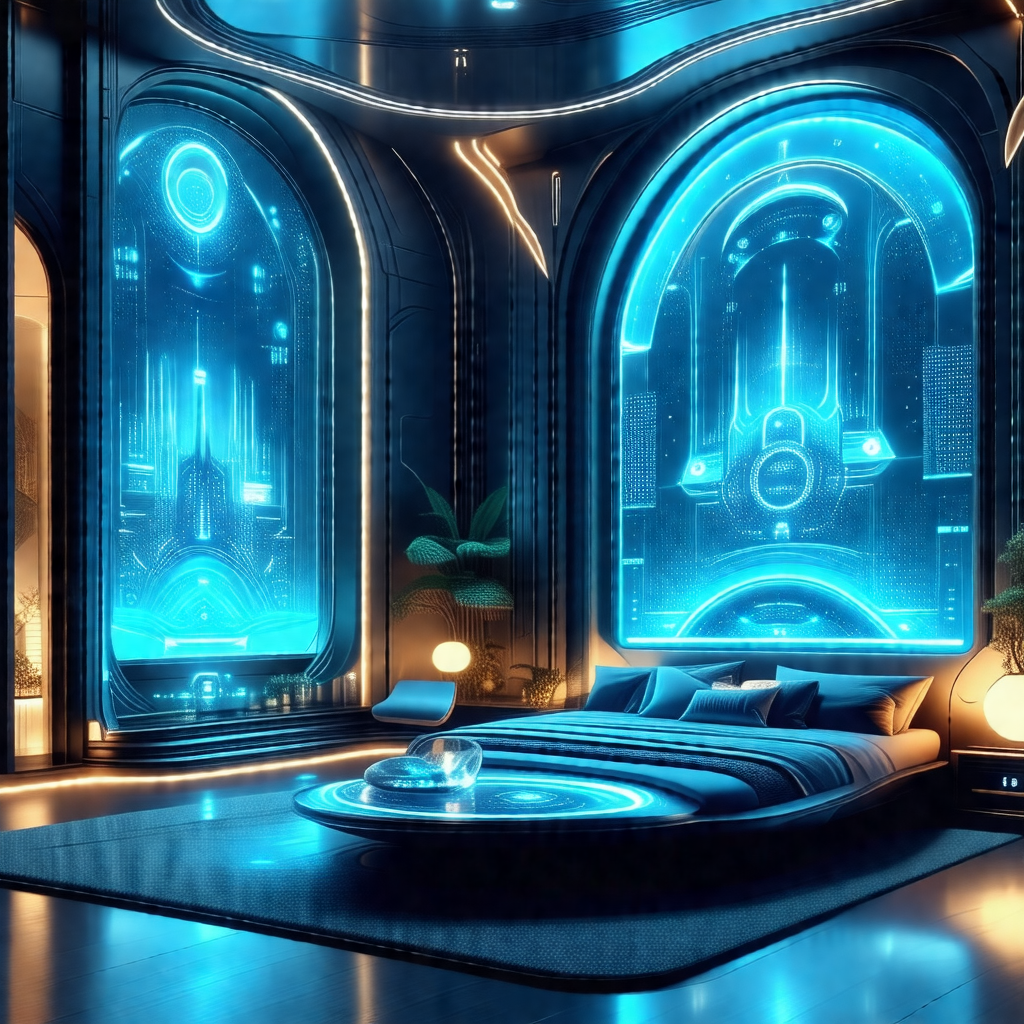 Futuristic bedroom with a large bed situated in the cente...