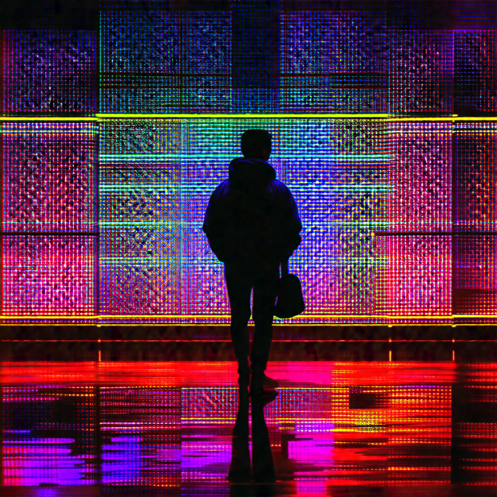 Man walking down a hallway, carrying a handbag