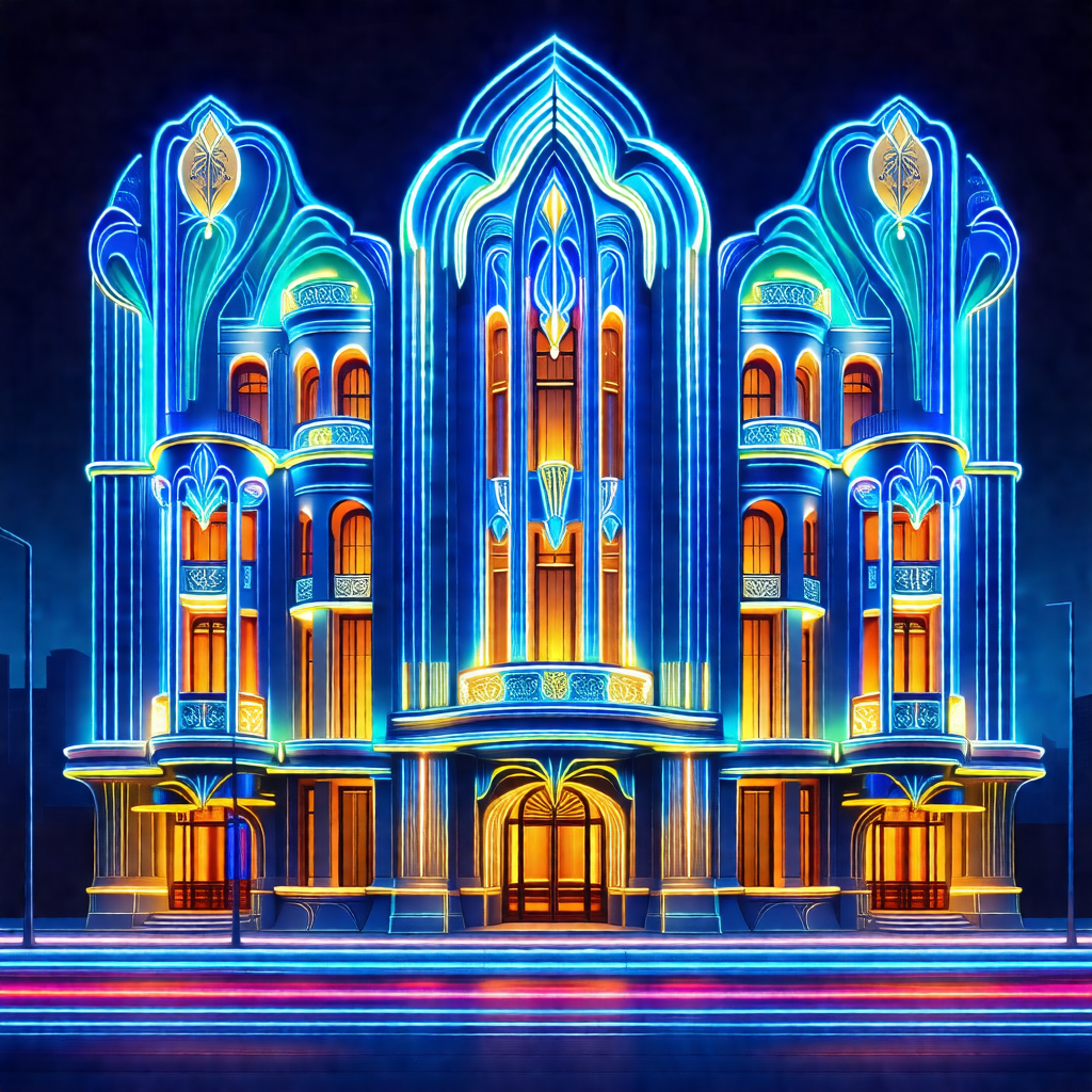 Large, ornate building with a blue and yellow facade