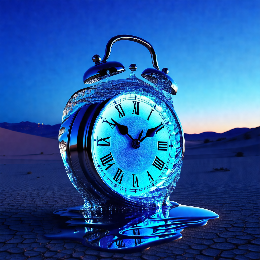 Large, blue clock with roman numerals, placed in a desert...