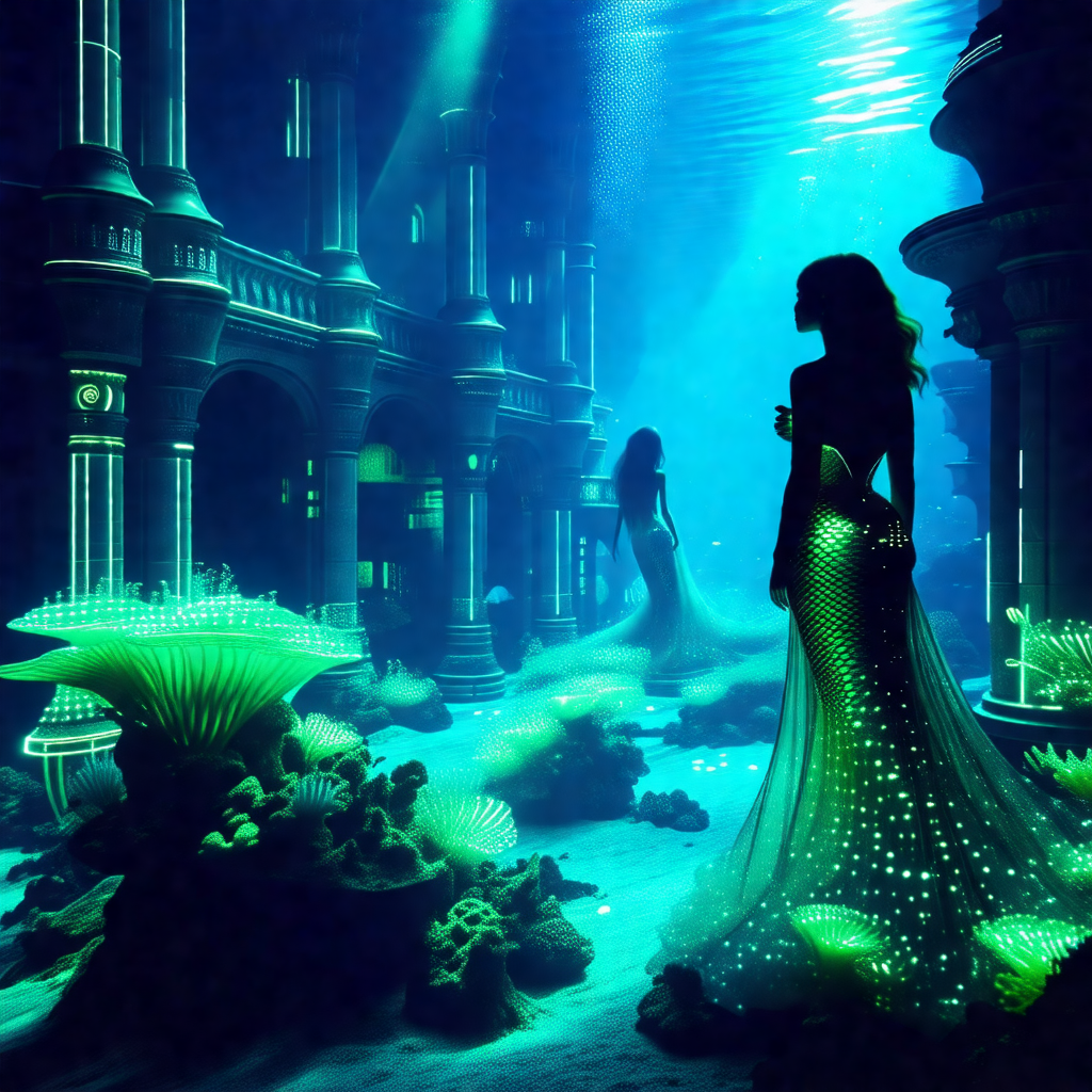 Woman in a mermaid costume, standing in a large body of w...