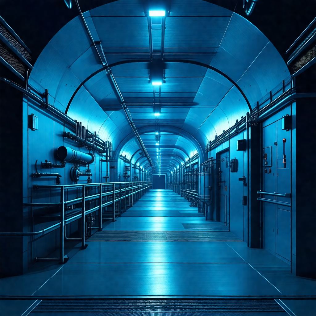 Long, narrow hallway with a blue light illuminating the s...