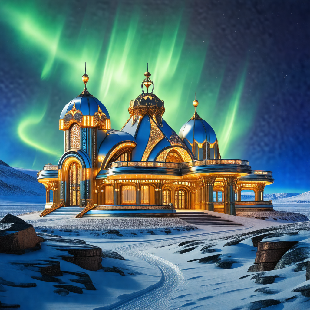 Large, blue and gold building with a dome-shaped roof, si...