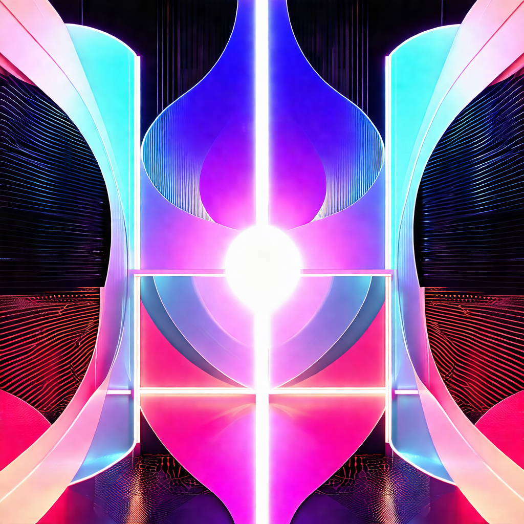Large, colorful sculpture with a bright pink and blue col...