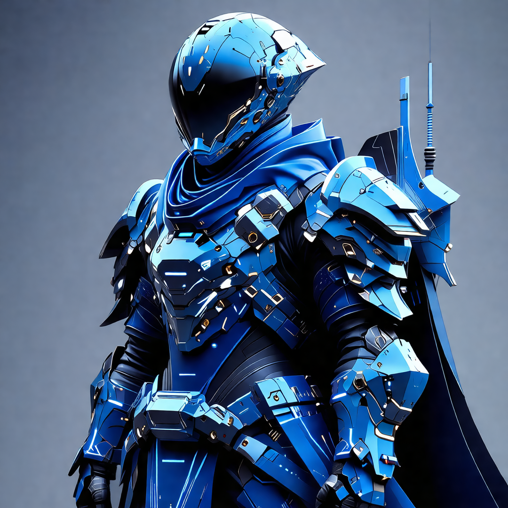 Futuristic robotic suit, likely a space suit, with a blue...