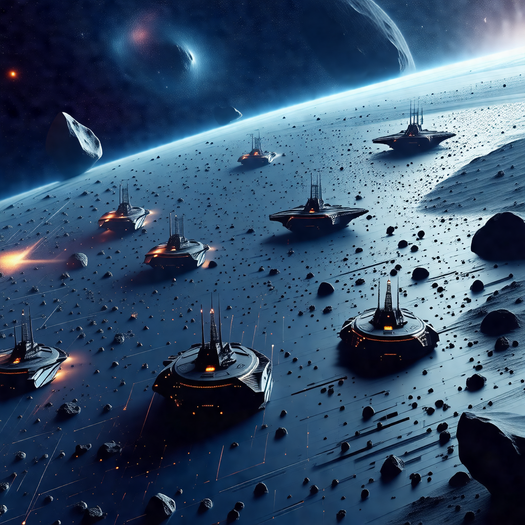 Futuristic scene with a group of small spaceships floatin...