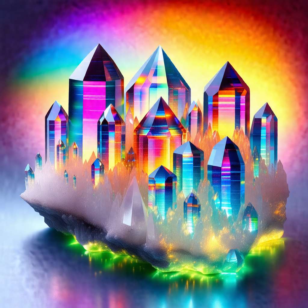 Colorful cityscape with a large, brightly colored crystal...