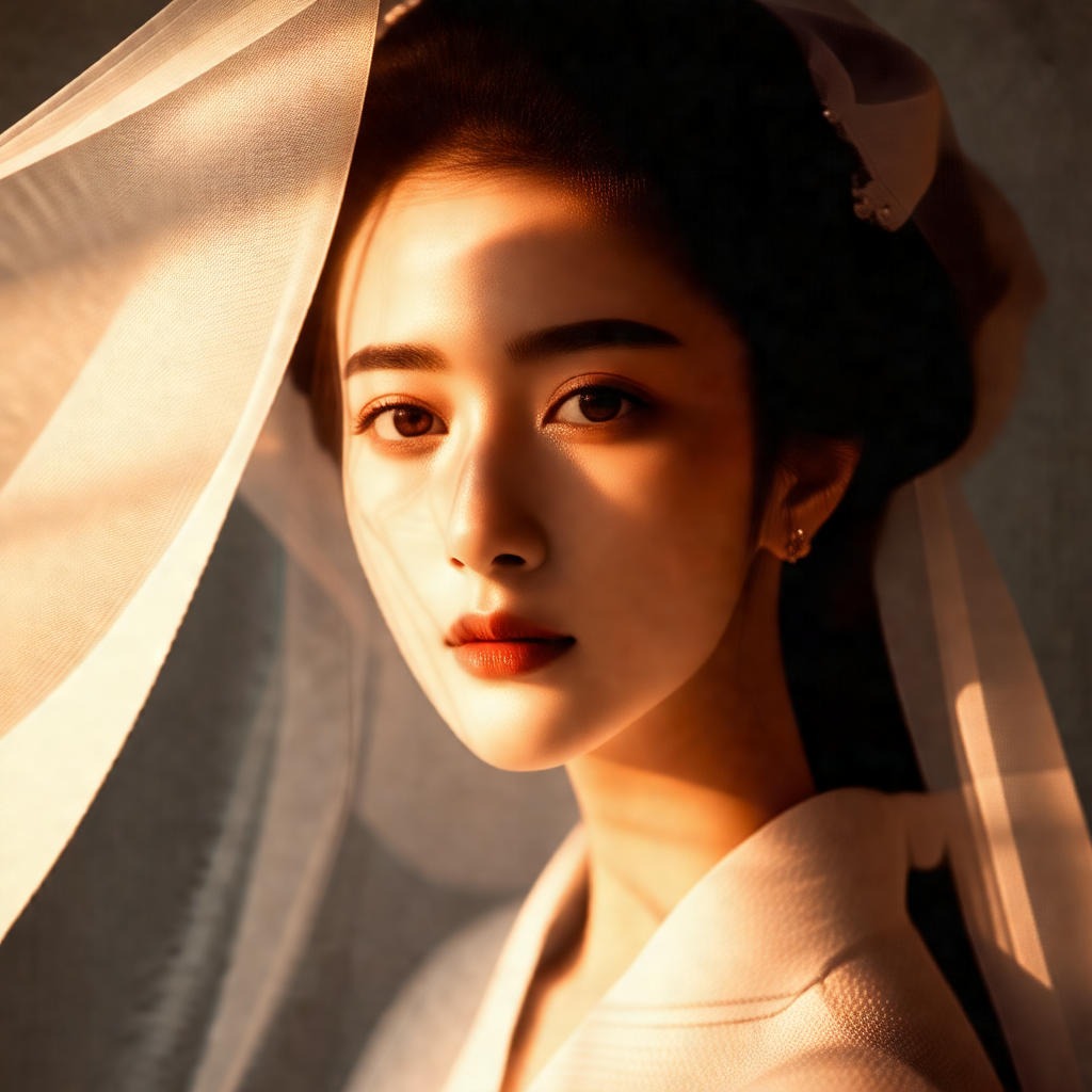 Woman with long hair, wearing a white veil and a white dress