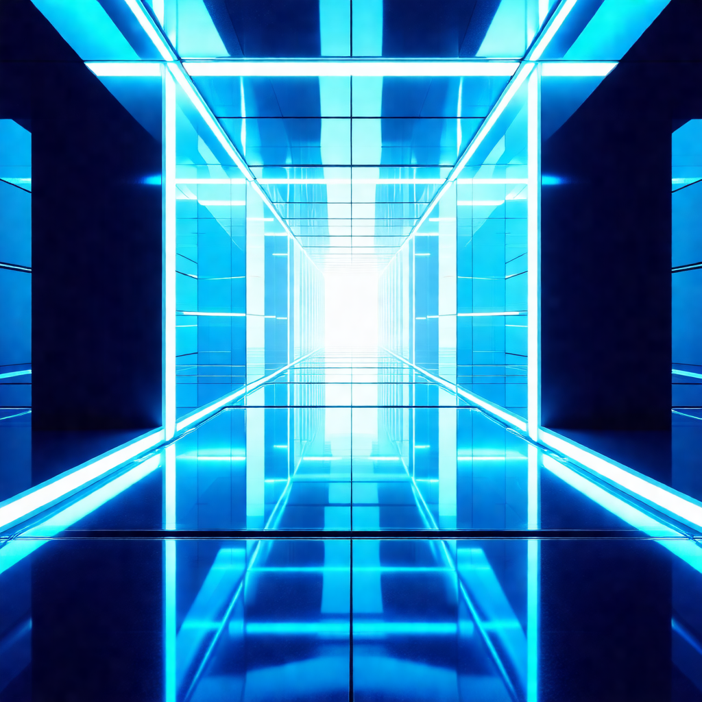 Long, narrow hallway with a blue light illuminating the s...