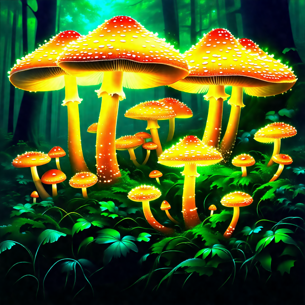 Lush green forest with a group of brightly lit mushrooms ...
