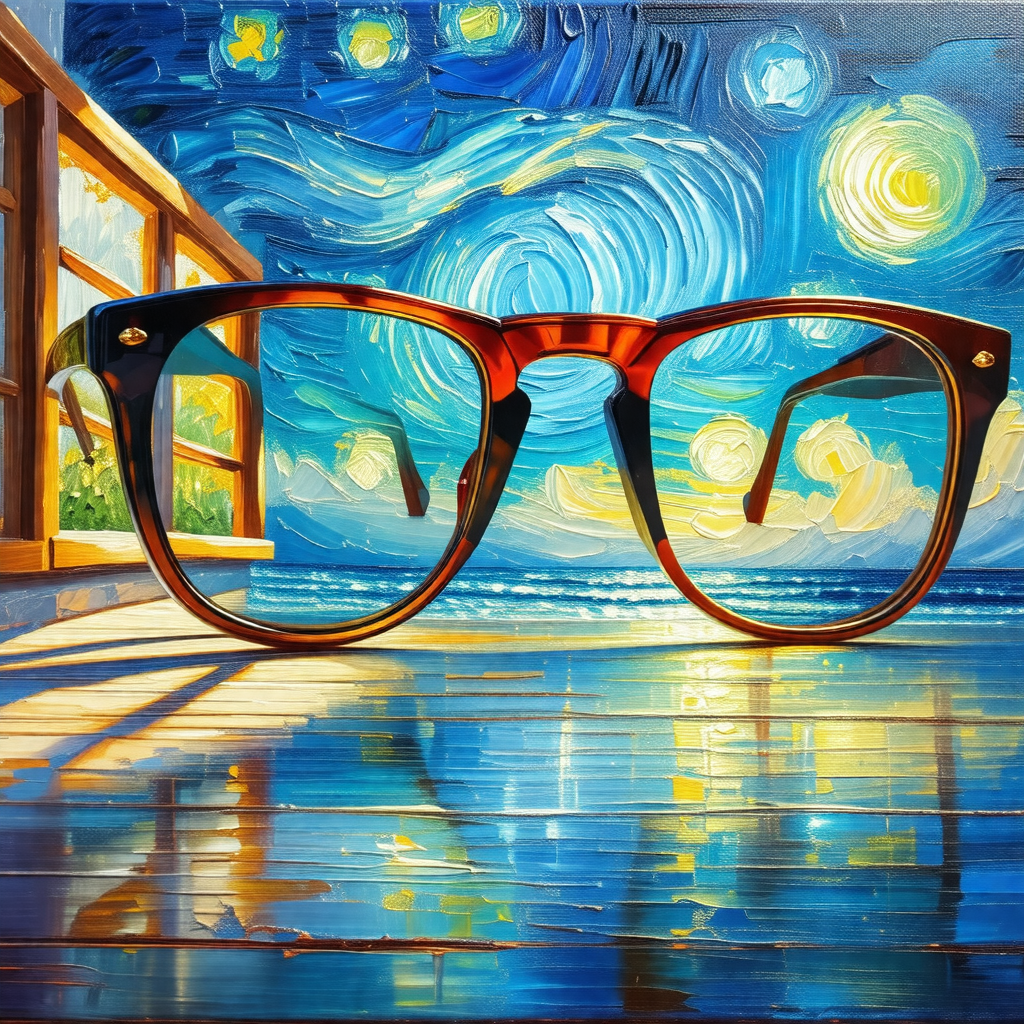 Pair of glasses placed on a wooden table, with a beautifu...