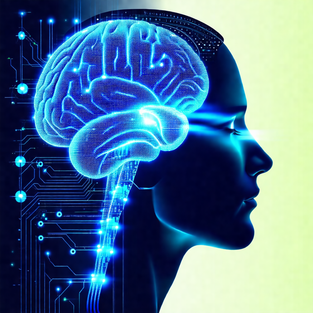 Close-up of a human head with a blue brain