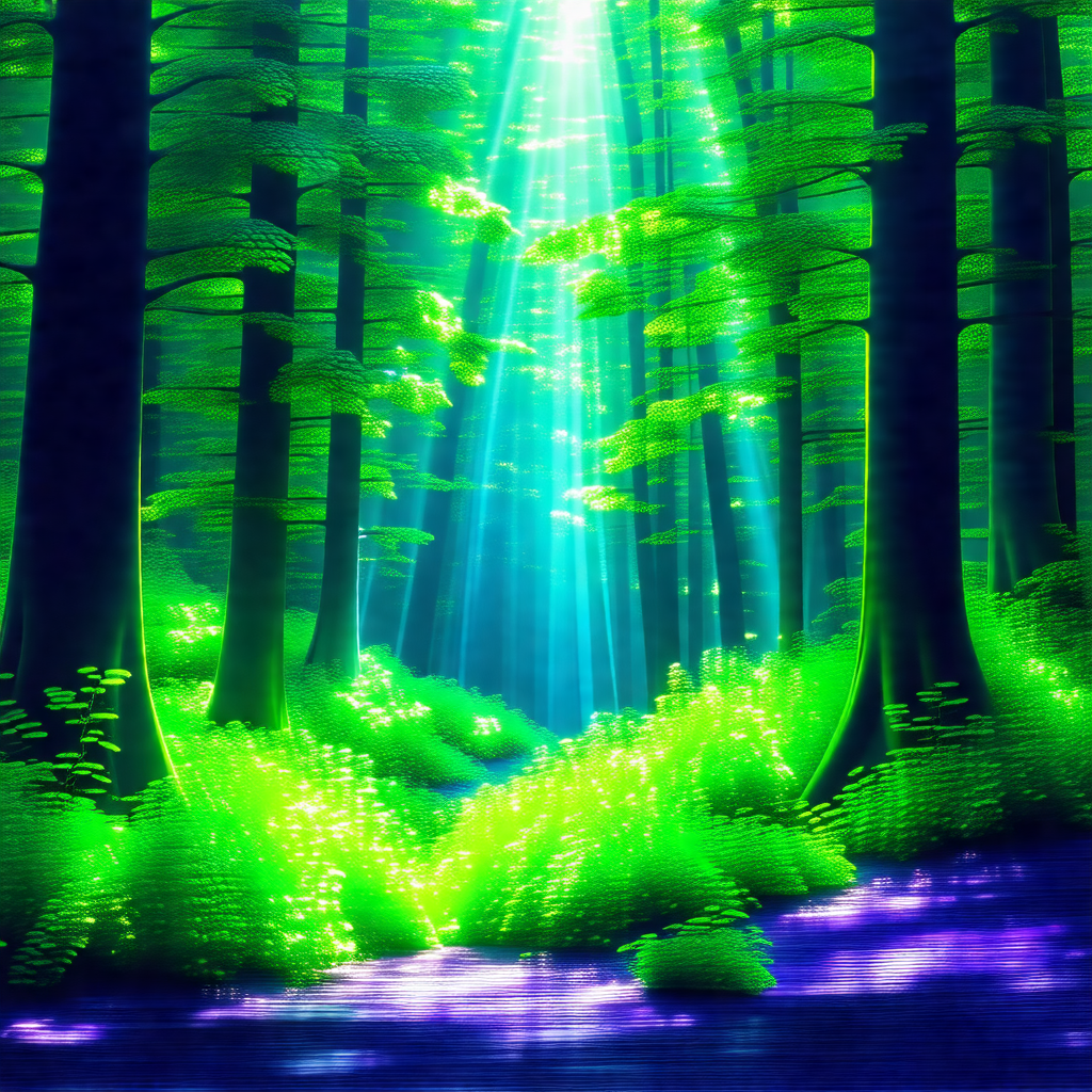 Colorful, computer-generated scene of a forest with a pat...