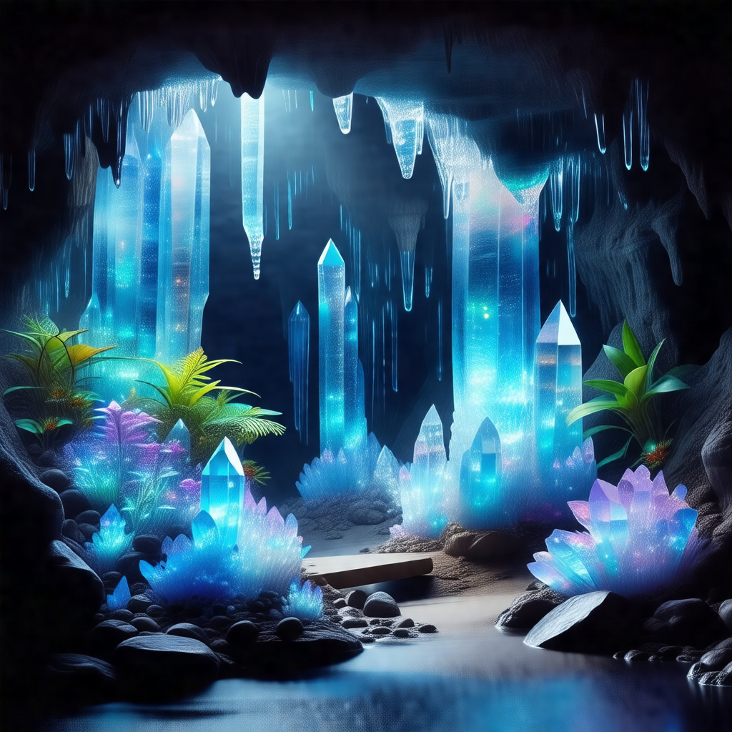 Cave with a blue light illuminating the space