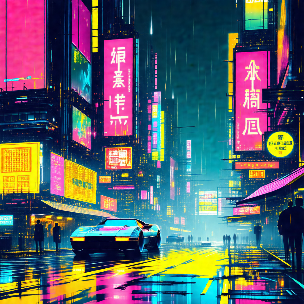 Colorful, futuristic cityscape with a car driving down a ...