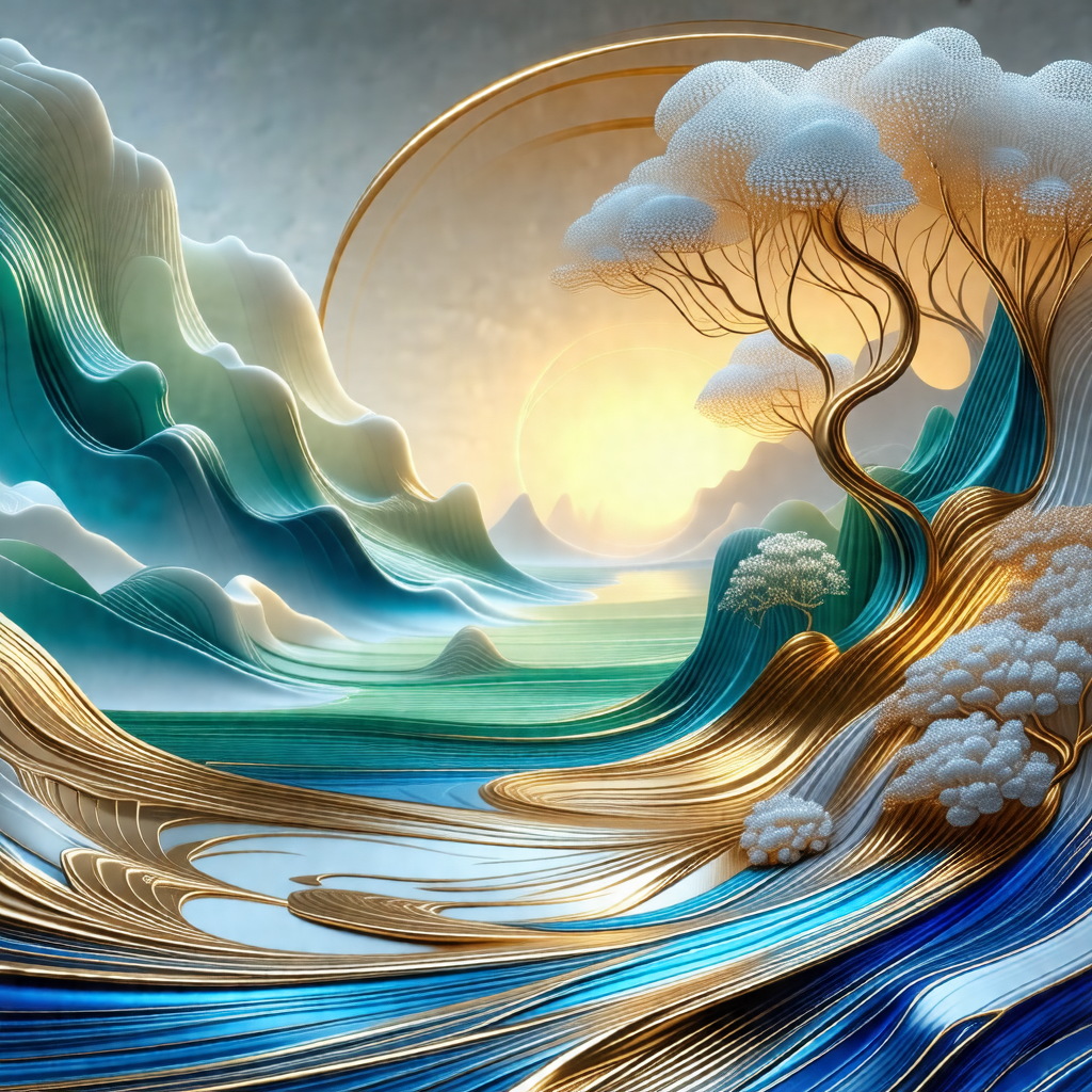 Painting of a tree in a blue ocean, with a sunset in the ...