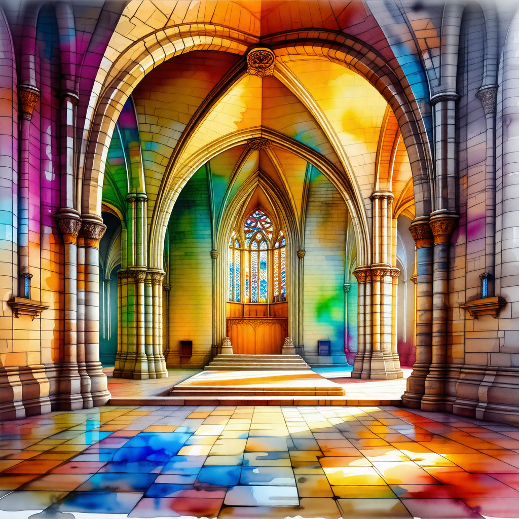 Painting of a large, colorful cathedral with a stained gl...