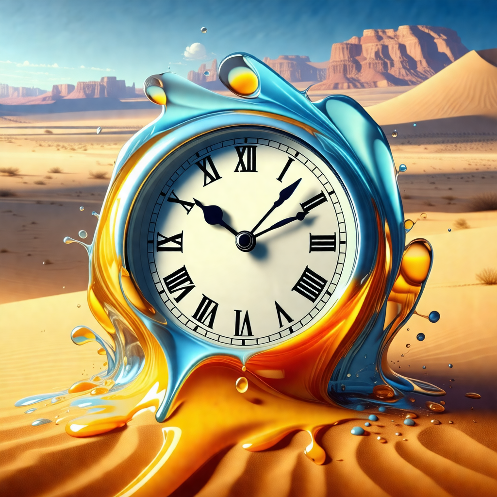 Large, colorful clock that is placed in a desert-like env...