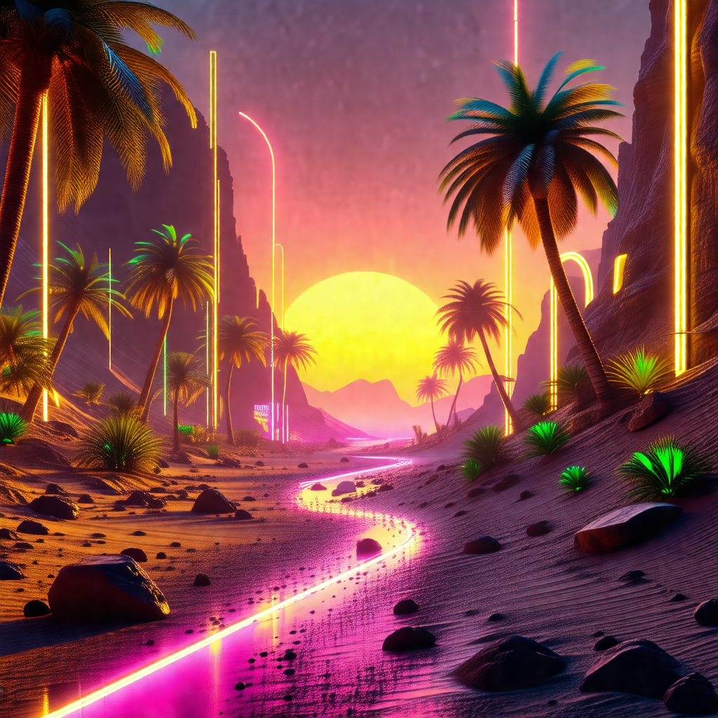 Colorful, computer-generated scene featuring a river flow...