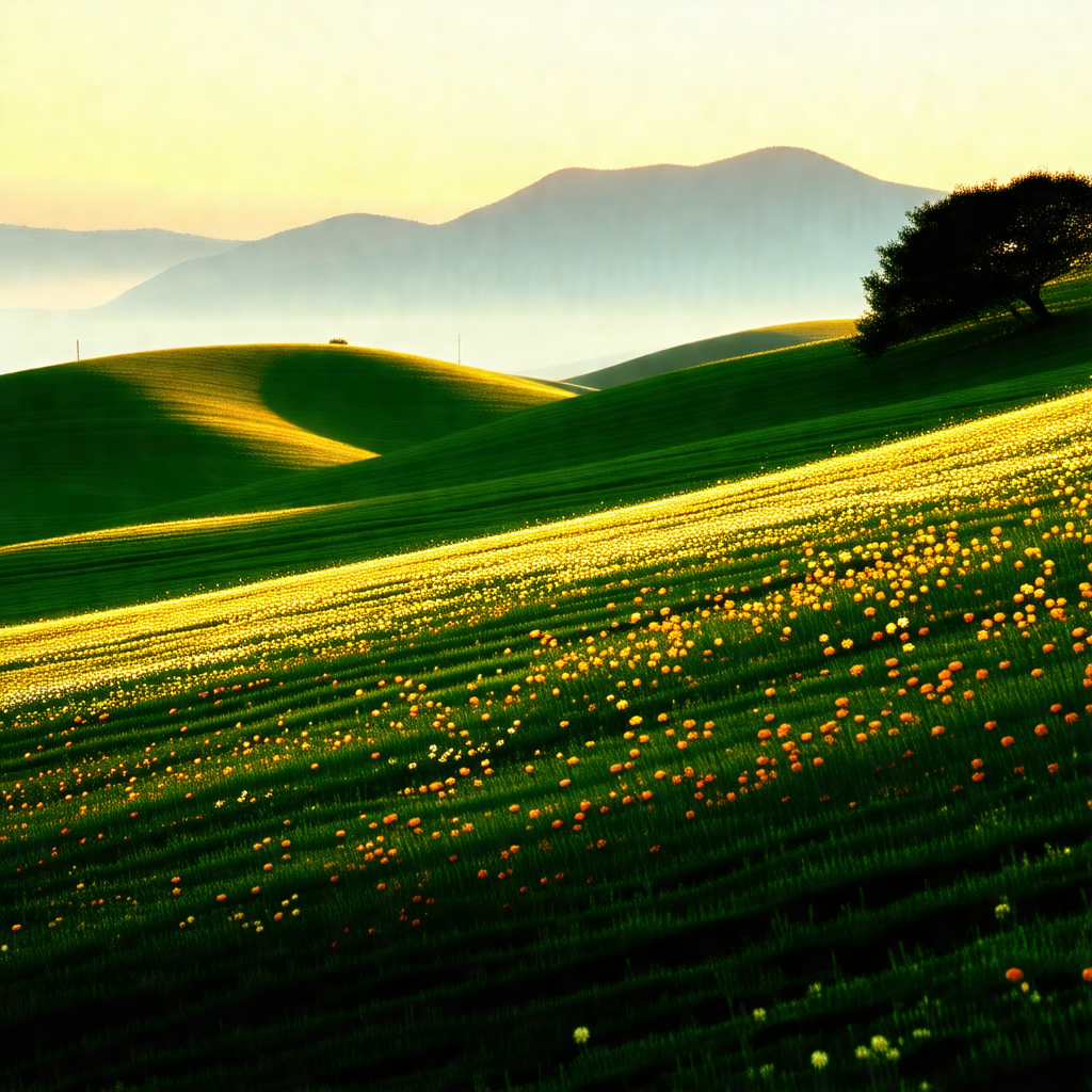 Lush green field with a tree in the foreground