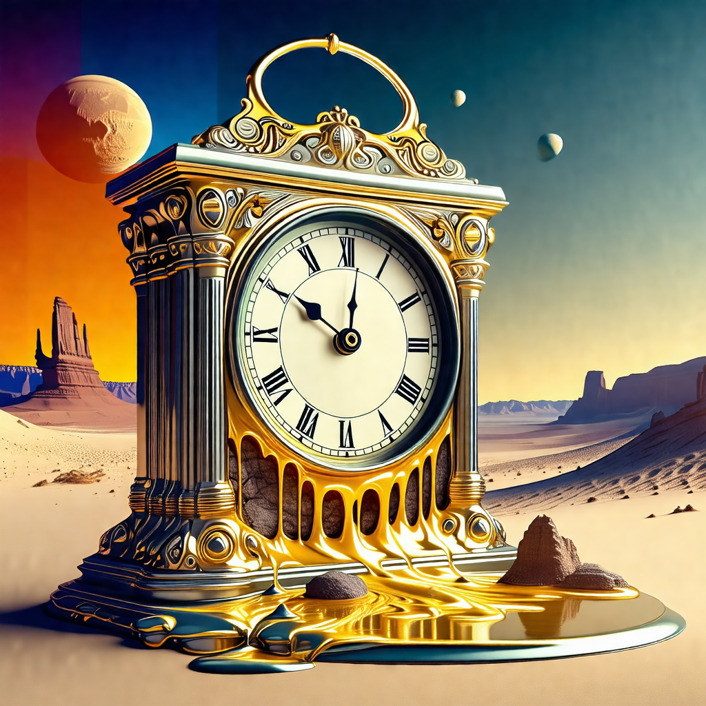 Large, ornate clock with a gold finish, placed in a deser...