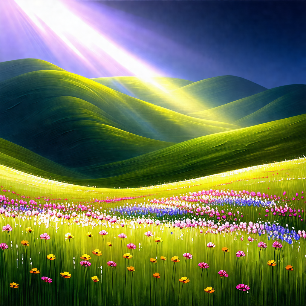 Beautiful, lush green field with a bright sun shining dow...