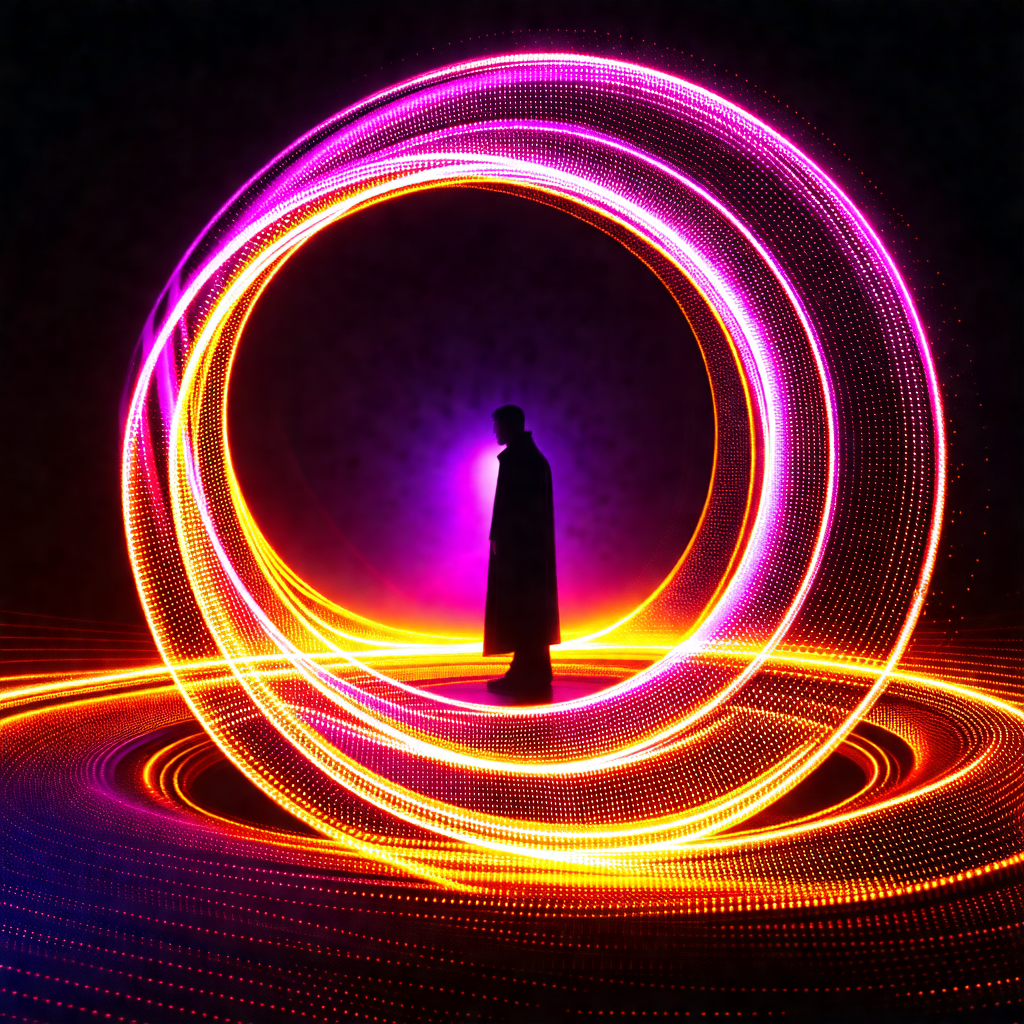 Man standing in the center of a large, brightly lit circle